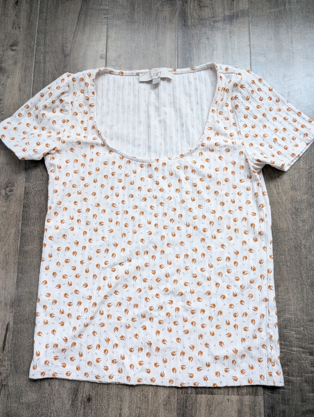 *3 For $20* LOFT White Scoop Neck Ribbed Tee with Teeny Orange Floral